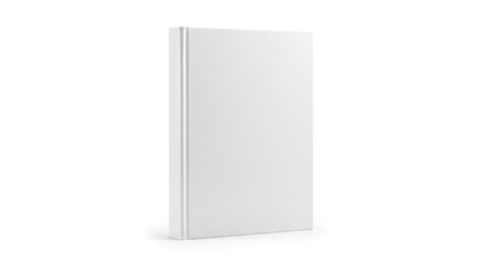 An upright blank white book stands on a flat surface against a stark white background