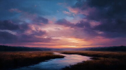Fototapeta premium A vivid sunset paints the sky with vibrant colors over a tranquil river winding through golden fields
