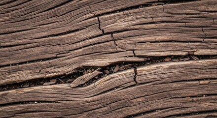 Macro View of Weathered, Cracked Wood Grain Texture with Natural Debris