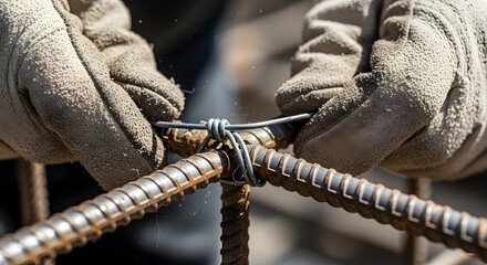 Construction worker hands tying rebar with wire for building foundation reinforcement in outdoor setting