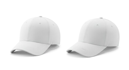 Fototapeta premium Two white baseball caps are displayed side by side set against a bright white backdrop