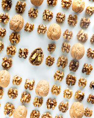 Rows of whole shelled and unshelled walnuts with copy spaces.