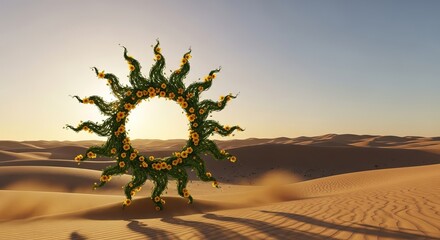 Mysterious sun portal in a vast desert landscape at sunset