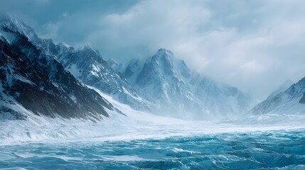 A vast dramatic glacial landscape with majestic snow capped mountains under a cloudy sky