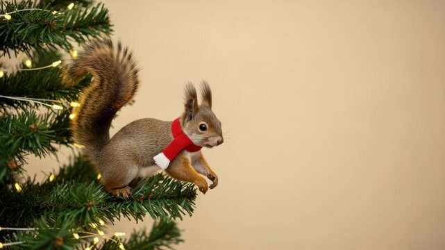 Festive squirrel leaping through decorated pine branches with holiday cheer