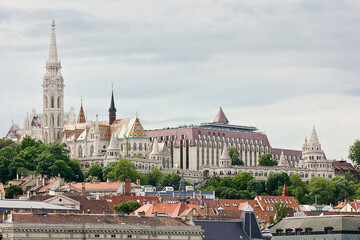 View of the Fisherman's Bastion and St Matyas Church on the banks of the Danube in Budapest, Hungary