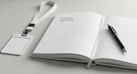 Monochrome Corporate Still Life: Office Agenda, Pen, and Blank ID Badge on a Desk.