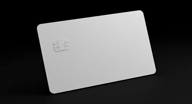 A white credit card with an EMV chip is displayed on a black surface at an angle - Powered by Adobe