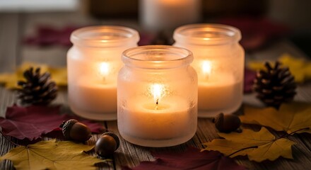 Glowing candles in glass jars with autumn leaves and pine cones
