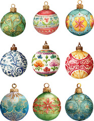 Watercolor Christmas Ornament Balls &ndash; Vintage Decorative Holiday Set