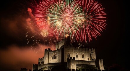Fireworks burst above an illuminated castle at night vibrant and colorful