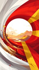 Artistic rendering showing a scenic valley enclosed within flowing flag colors