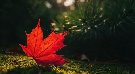 Translucent Red Maple Leaf Bathed in Golden Sunlight on Mossy Forest Floor