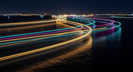 Vibrant night long exposure of colorful light trails over water