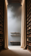 Modern library interior with curtains for insulation and bookshelves  