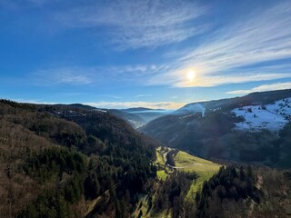 mountain landscape with early snow. Winter in the Black Forest