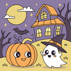 Halloween Coloring Page Cute Pumpkin, Ghost, Witch, Bat & Haunted House coloring page