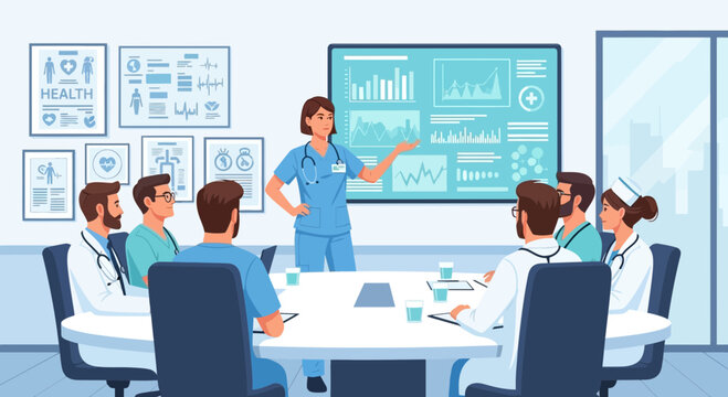 Medical team discussing patient data in modern conference room with infographic - Powered by Adobe