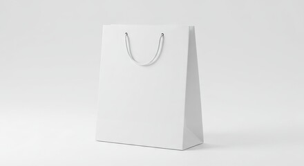 A white paper shopping bag stands on a plain light surface with rope handles extending upward