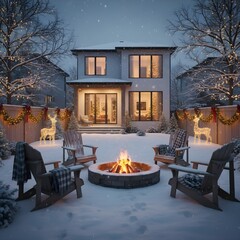 Snowy Backyard Christmas Scene with Campfire at Dusk