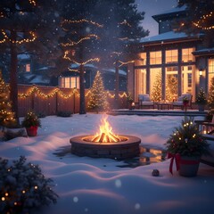 Cozy Winter Evening Campfire in Suburban Backyard