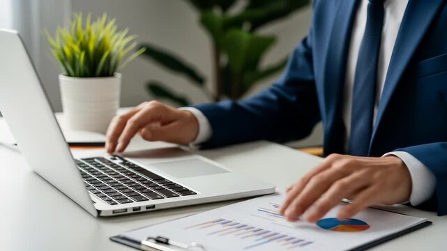 Professional Businessman Analyzing Data Charts and Working on Laptop in Modern Office