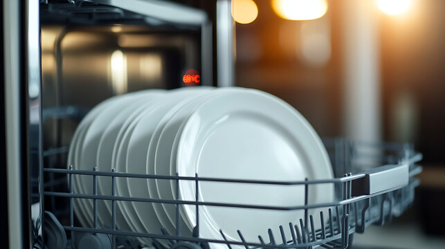 Dishwasher full of clean white plates, neatly organized in a metal rack, ready for use. Modern kitchen convenience, sparkling dishes, everyday appliance. Efficient cleaning, kitchen chore.