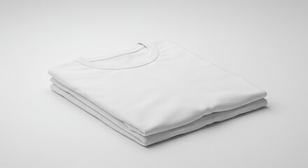 Neatly folded white shortsleeved Tshirts are stacked against a neutral gray background
