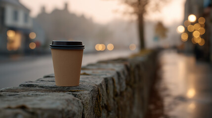 A cup of take-out coffee on a wall next to a city street at dawn