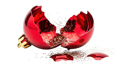 Broken red christmas ornament isolated on transparent background, with glitter inside