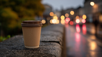 A cup of take-out coffee on a wall next to a city street at dawn
