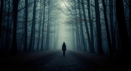 Lone Figure Walks Through Eerie, Foggy Forest Path, Silhouette, Mystery, Dark.