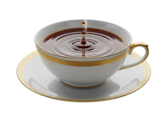 Extreme macro close-up: transparent porcelain teacup with intricate gold trim and luminous amber tea, a glistening drop causes ripples, aromatic steam, on a gray background, concept of quiet luxury