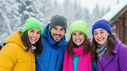 Joyful friends embrace winter wonderland in colorful fashion during snowy getaway