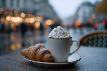 Coffee with whipped cream and croissant on the cafe table at early dawn in the city