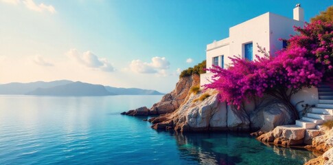 Aegean Autumn Hues Traditional whitewashed walls adorned with vibrant bougainvillea against a backdrop of the sea. A picturesque view of a traditional Greek whitewashed building in an Aegean island