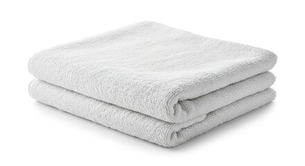 Stack of three folded white terrycloth towels on a white background showing their texture and soft folds