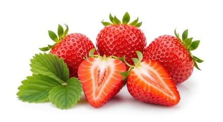 Perfectly Ripe Red Strawberries, Whole and Sliced, with Fresh Green Leaves on White Background