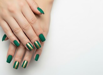 fcloseup on female hands with chic christmas manicure. elegant matte green nail polish with gold glitter stripe. winter holiday beauty art concept. white background with copy space.