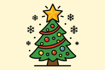 Whimsical hand drawn christmas tree decorated with ornaments and star surrounded by snowflakes