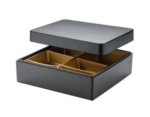 Black box with two compartments and gold lid elegant black box featuring two internal compartments and distinctive gold lid offering storage