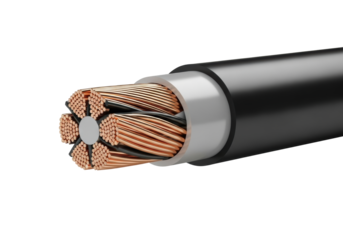 Photorealistic extreme macro of a sleek, matte black electrical cable precisely sliced open, revealing vibrant copper wire core and contrasting insulation on a transparent background, technical study