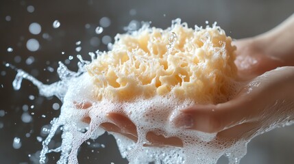 Closeup of bubbly soap foam on a textured loofah sponge in hand, water splashing gently, realistic and inviting