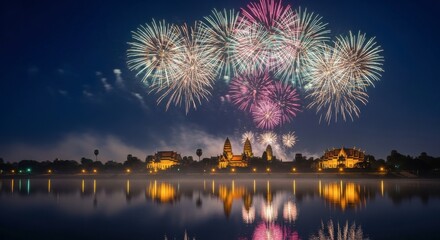 Spectacular fireworks over angkor wat at night reflecting in tranquil water for celebration design