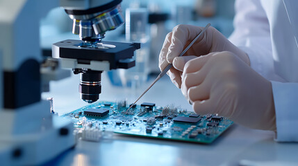 Close-up of a gloved technician carefully analyzing a circuit board under a microscope, using precision tools in a sterile lab environment for quality control and repair.