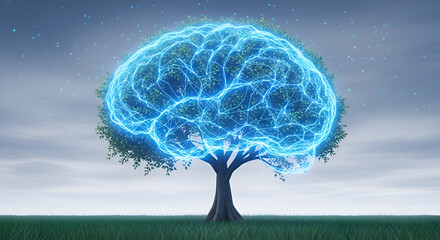 Stunning brain-shaped tree with glowing neural network represents innovation, ideas, and creativity in nature