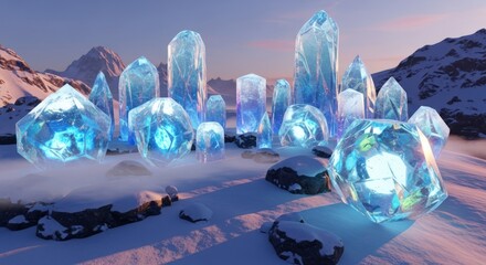 Luminous Ice Crystals in Snowy Landscape, Fantasy Scene, Glowing Gems, Mountains.