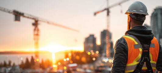Construction worker observing city skyline during sunset hours