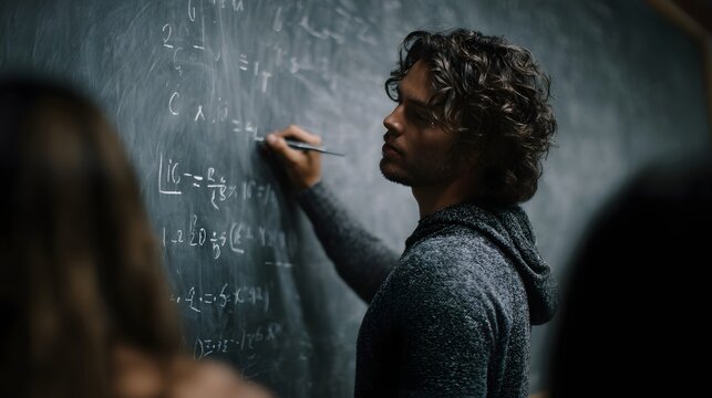 Man writing complex mathematical equations on a chalkboard in a focused academic setting