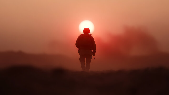 A lone figure in military attire walks under the red setting sun, creating a silhouette against the hazy sky. The scene evokes contemplation and the weight of duty.